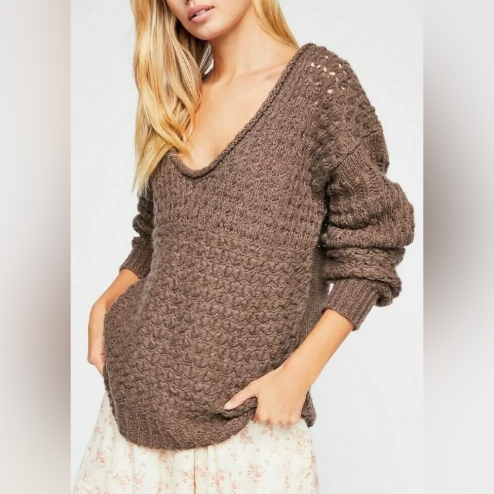 FREE‎ PEOPLE CRASHING WAVES KNIT-CROCHET PULLOVER SWEATER COCOA Kiss Sz-XS
